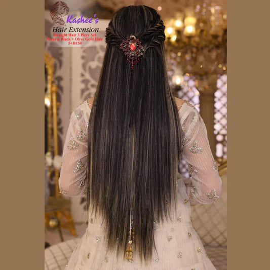 Synthetic Straight Natural Black + Olive Gold Hair Extension 24-26 INCH